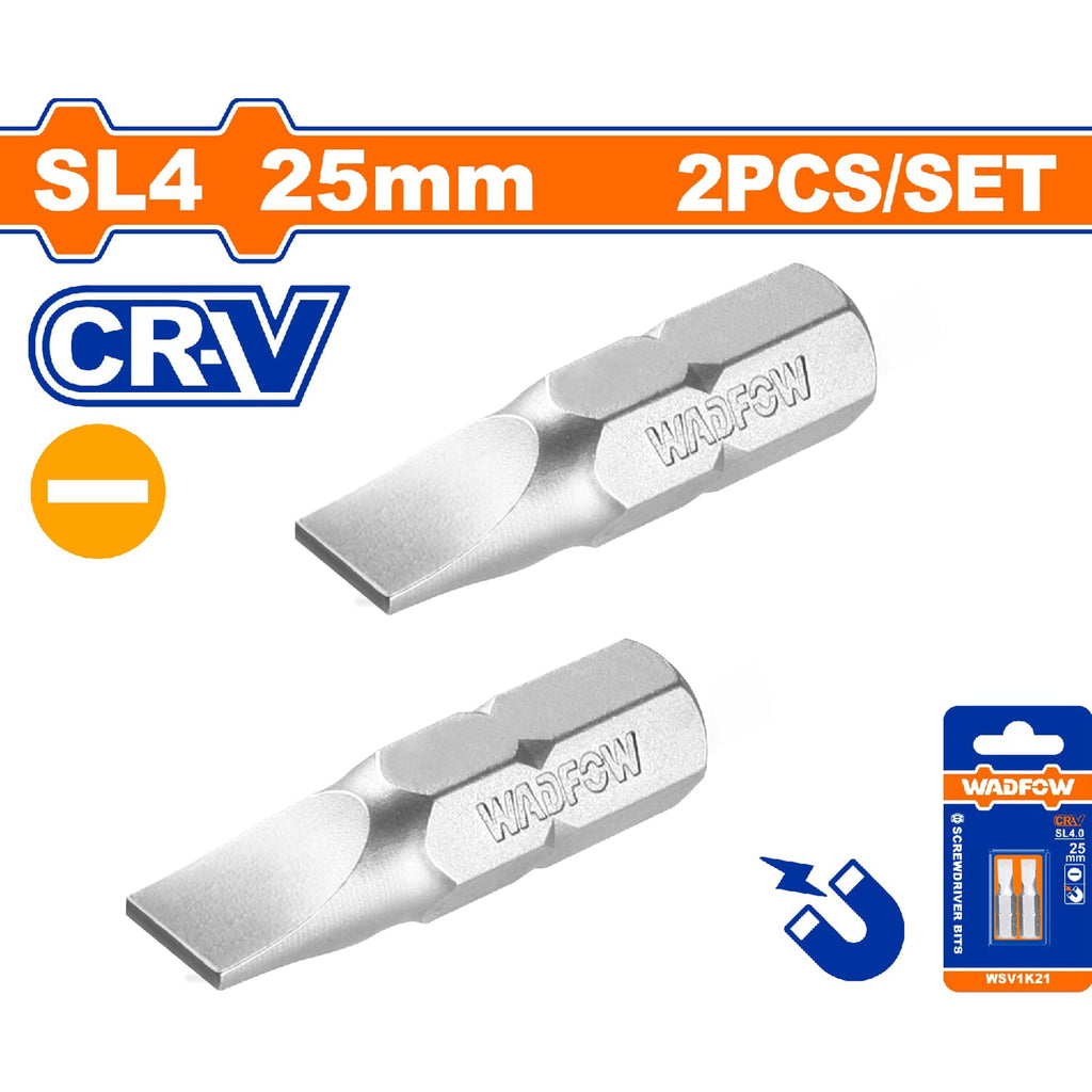 [SKUIMG]WSV1K21|WSV1K21.jpg|PUNTAS DE DESTORNILLADOR 25MM. CR-V. SET DE 2 PIEZAS. PUNTA MAGNÉTICA. TIPO PLANO.