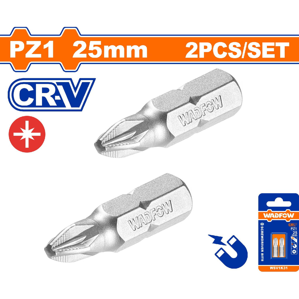 [SKUIMG]WSV1K31|WSV1K31.jpg|PUNTAS DE DESTORNILLADOR 25MM. CR-V. SET DE 2 PIEZAS. PUNTA MAGNÉTICA. TIPO POZIDRIVE.