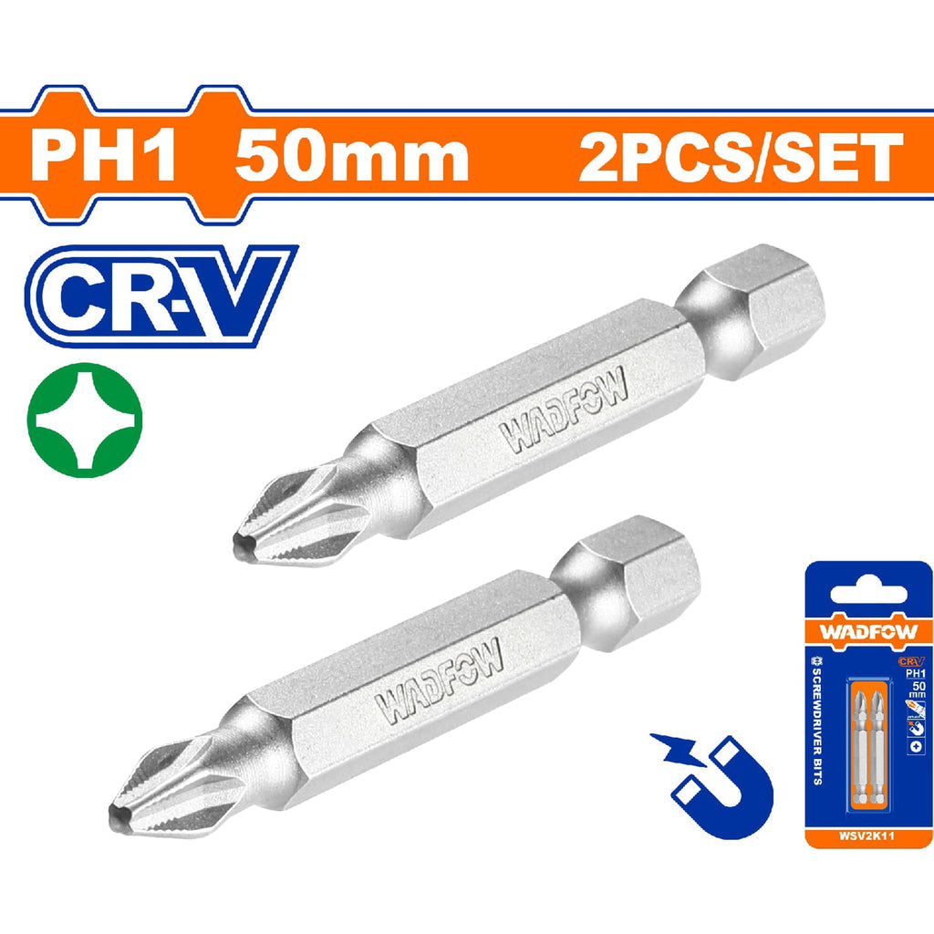 [SKUIMG]WSV2K11|PUNTAS DE DESTORNILLADOR 50MM. CR-V. SET DE 2 PIEZAS. PUNTA MAGNÉTICA. TIPO PHILLIPS.