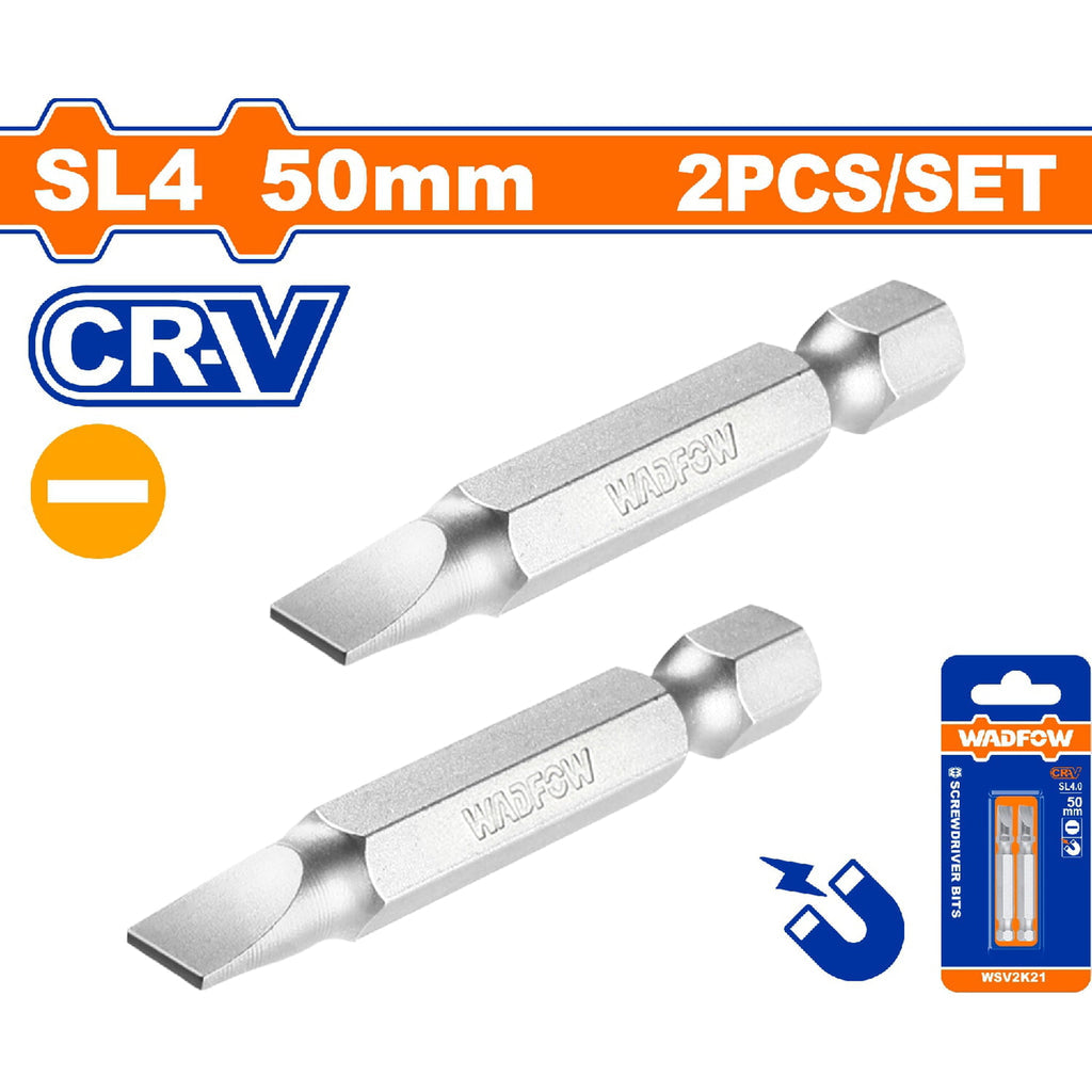 [SKUIMG]WSV2K21|WSV2K21.jpg|PUNTAS DE DESTORNILLADOR 50MM. CR-V. SET DE 2 PIEZAS. PUNTA MAGNÉTICA. TIPO PLANO.