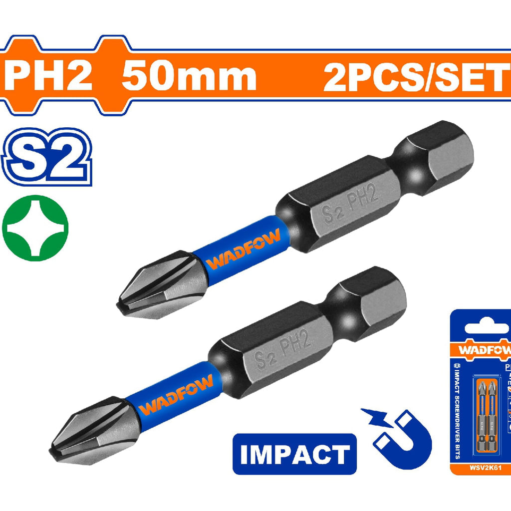 [SKUIMG]WSV2K61|WSV2K61.jpg|PUNTAS DE DESTORNILLADOR DE IMPACTO PH2 50MM. S2. SET DE 2 PZAS. PUNTA MAGNÉTICA. TIPO PHILLIPS.
