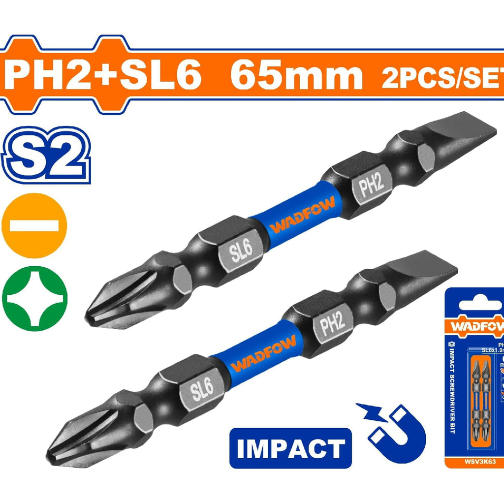 [SKUIMG]WSV3K63|PUNTAS DE DESTORNILLADOR DE IMPACTO PH2+SL6 65MM. S2. SET 2 PZS. MAGNÉTICA. TIPO PHILLIPS Y PLANO.