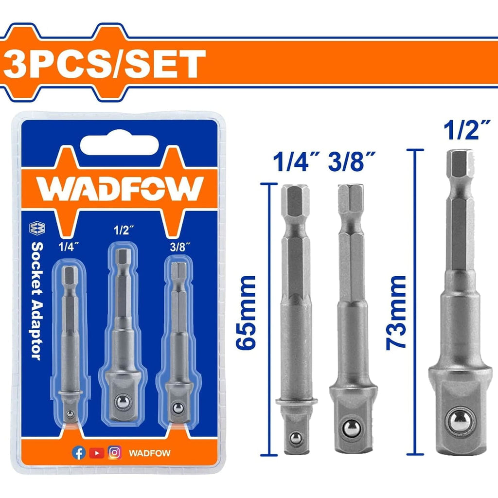 [SKUIMG]WSV4K01|WSV4K01.jpg|ADAPTADORES PARA SOCKETS 1/4", 3/8", 1/2". ZANCO 1/4" HEXAGONAL. MATERIAL: 50BV30. SET 3 PIEZAS.