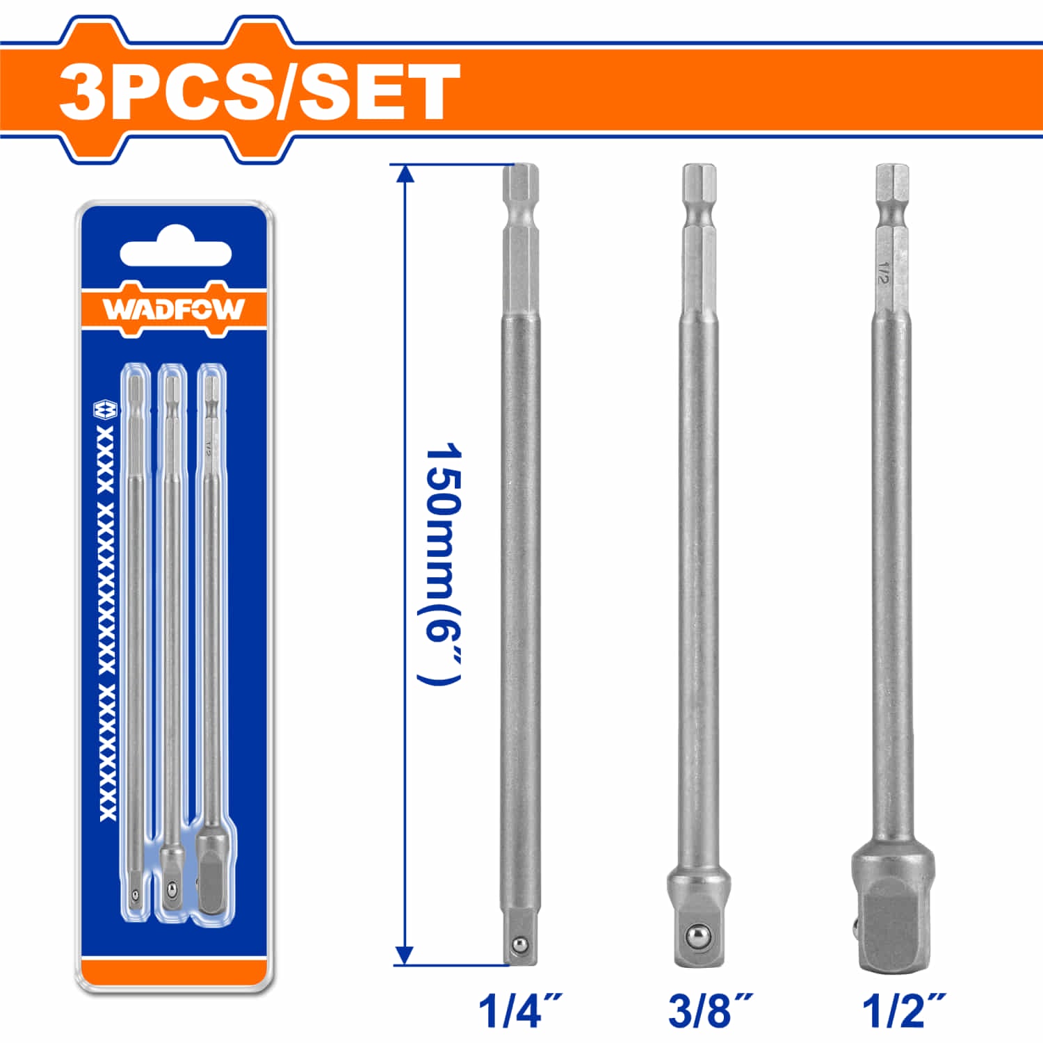 [SKUIMG]WSV4K03|WSV4K03.jpg|ADAPTADORES PARA SOCKETS HEXAGONAL 1/4", 3/8", 1/2". MATERIAL 50BV30. SET DE 3 PIEZAS.