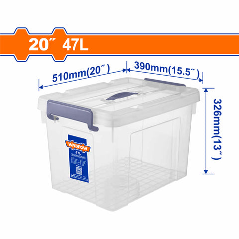 [SKUIMG]WTB2350|WTB2350.jpg|CAJA PLASTICA DE ALMACENAMIENTO 20" 47L 510X390X326MM PESO: 1426G. TAPA CON ASA. HEBILLA DE PLASTICO