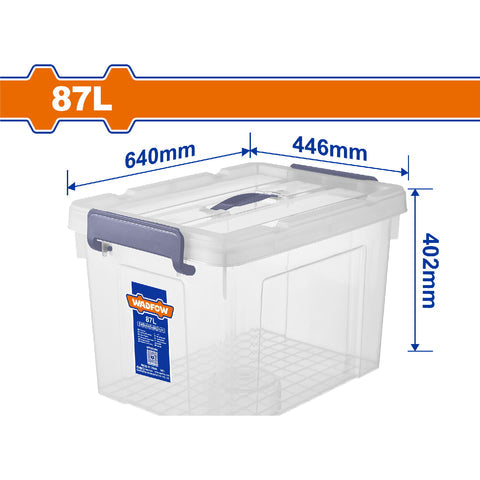 [SKUIMG]WTB2390|WTB2390.jpg|CAJA PLASTICA DE ALMACENAMIENTO PLÁSTICO 87L. 640X446X402MM PESO: 2201G. TAPA CON ASA. HEBILLA DE PL