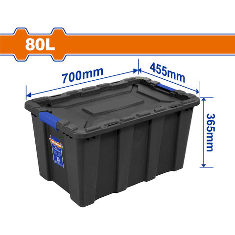 [SKUIMG]WTB3380|WTB3380.jpg|CAJA PLASTICA CONTENEDOR DE ALMACENAMIENTO PLÁSTICO 80L. 700X455X365MM. HEBILLA DE PLÁSTICO. PESO: 2