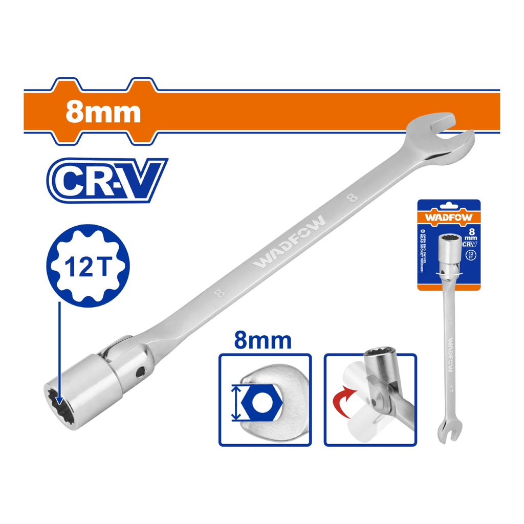 [SKUIMG]WTH1E08|WTH1E08.jpg|LLAVES COMBINADAS DE CABEZA FLEXIBLE Y SOCKET DE 12 PUNTOS. ACERO C45.