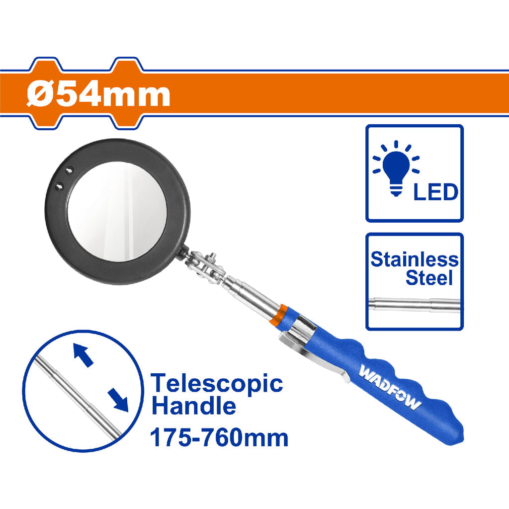 [SKUIMG]WTU1688|WTU1688.jpg|ESPEJO DE INSPECCIÓN TELÉSCOPICA CON ILUMINACIÓN LED. DIÁM: 54MM. LONG: 290MM-880MM. MANGO PVC.