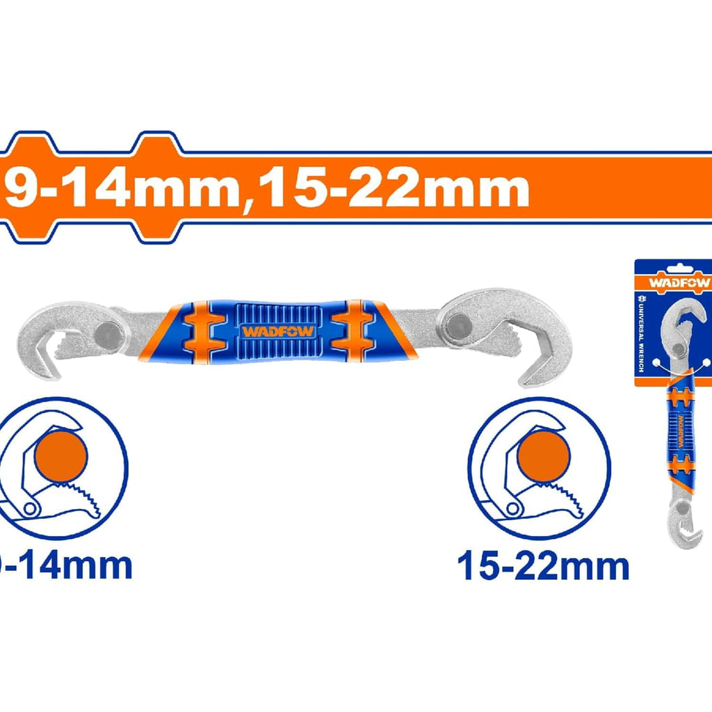 [SKUIMG]WUW1101|WUW1101.jpg|LLAVE INGLESA PICO DE LORO DOBLE ABIERTA. 9-14MM.15-22MM. CROMADO. TRATAMIENTO TÉRMICO.