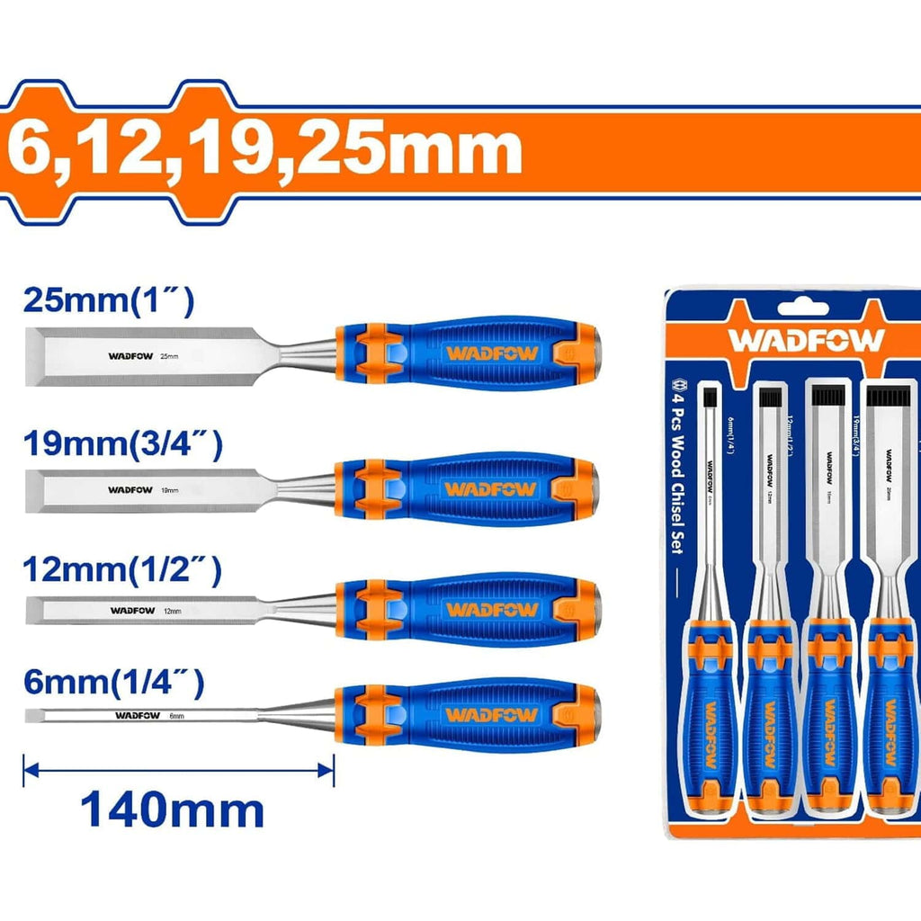 [SKUIMG]WWC2204|CINCELES DE MADERA 6,12,19 Y 25MM. MANGO ERGONÓMICO. ACERO AL CARBONO. LONG. 140MM. (4PZS. SET)