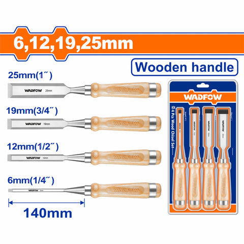 [SKUIMG]WWC3214|CINCELES DE MADERA 6,12,19 Y 25MM. MANGO DE MADERA. 140MM. SE VENDE EN SET DE 4 PZS.