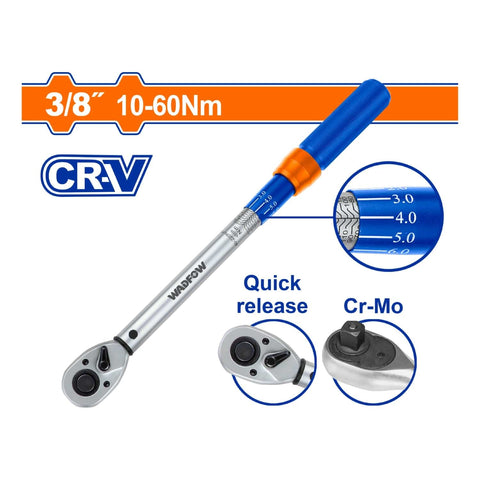 [SKUIMG]WWQ1D38|WWQ1D38.jpg|TORQUIMETRO 3/8" 10 - 60NM. CR-V. LIBERACION RAPIDA. CR-MO. LONG: 305MM. TOLERANCIA DE TORQUE: 4%