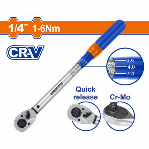 [SKUIMG]WWQ4D14|WWQ4D14.jpg|TORQUIMETRO 1/4" 1-6N.M. CR-V. LIBERACION RAPIDA. CR-MO. LONG: 209MM. TOLERANCIA DE TORQUE: 4%