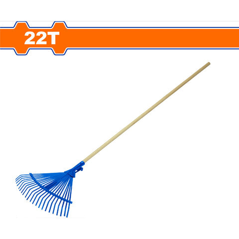 [SKUIMG]WXW8A22|WXW8A22.jpg|RASTRILLO METALICO AJUSTABLE CON MANGO DE MADERA PARA JARDIN 22 DIENTES. LONG:1200MM ACERO AL CARBON