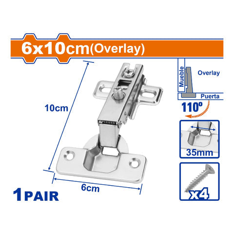 [SKUIMG]WYD1901|BISAGRAS OCULTAS 110o SUPERPUESTAS 6X10CM. AUTO CIERRE. INCLUYE 4 TORNILLOS. VIENE EN PAR.