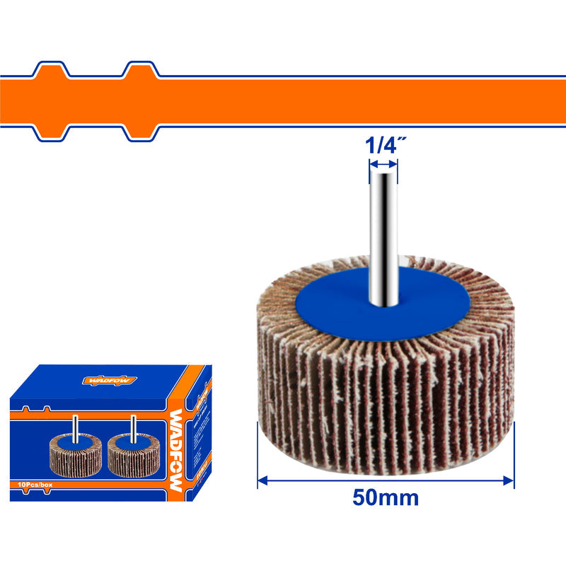 [SKUIMG]WYW5003|WYW5003.jpg|FLAPS WHEELS COMBINADO CON LIJA. EJE DE 6MM. IDEAL METAL Y MADERA. NYLON ROJO. 50X25X6MM
