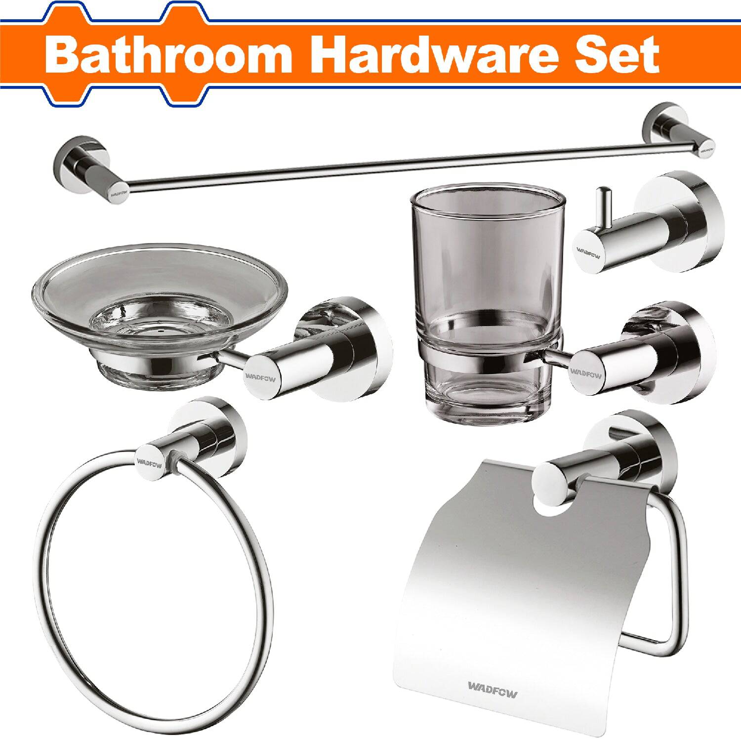 [SKUIMG]WZG1516|ACCESORIOS PARA BAÑO. 6 PIEZAS. FABRICADO EN ALEACIÓN DE ZINC, ACERO INOXIDABLE Y VIDRIO. PLATA.