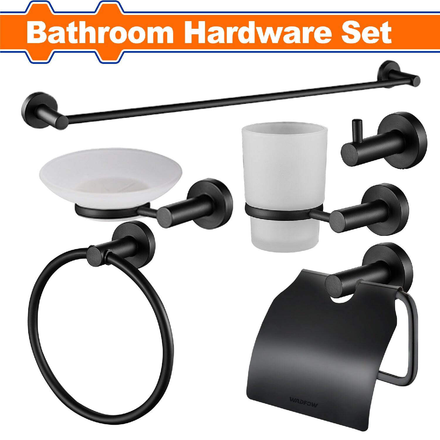 [SKUIMG]WZG1517|ACCESORIOS PARA BAÑO. 6 PIEZAS. FABRICADO EN ALEACIÓN DE ZINC, ACERO INOXIDABLE Y VIDRIO. NEGRO.